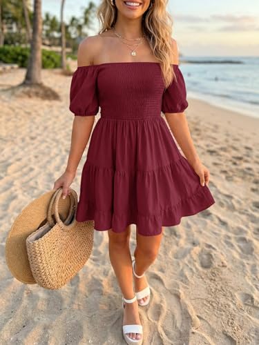 Image of Wenrine Womens Puff Sleeve Babydoll Dress Summer Floral Square Neck Smocked Casual Off Shoulder Ruffle Boho Mini Dresses