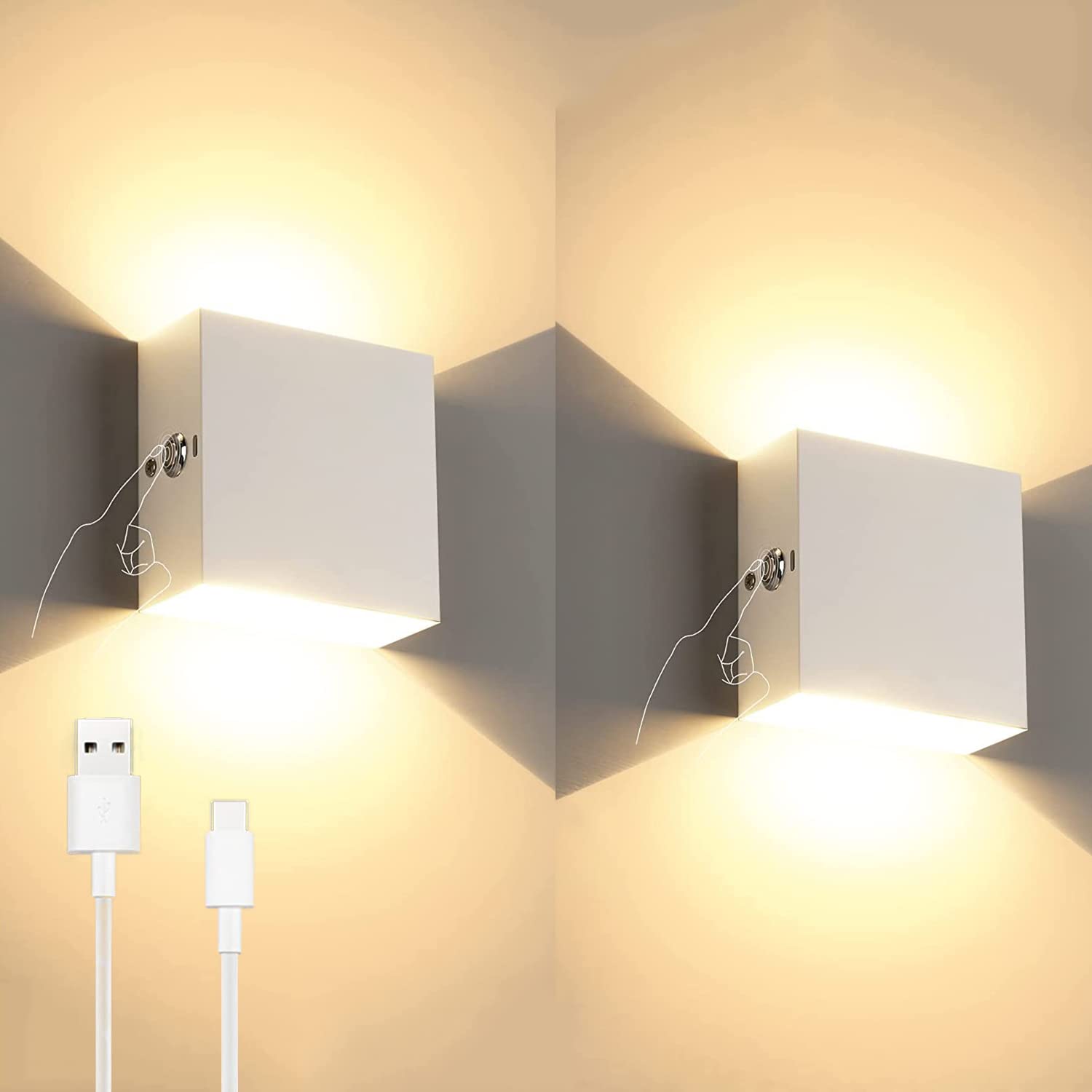 Lampy ścienne, 2 szt. Diody ścienne LED w dół z przełącznikiem, 6 W ciepła biel 3000 K Wewnętrzne ściemnianie światła ścienne, USB ładowalne, oświetlenie ścienne bezprzewodowa kamera
