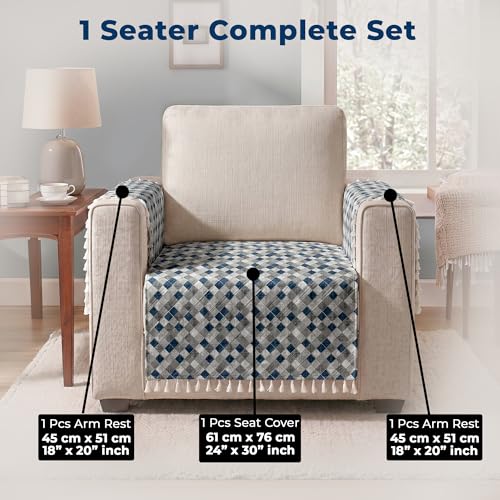 Image of Story@Home Quilted Anti Slip Sofa Cover Mat with 2 Armrest Cover, 1 Seater Velvet Sofa Protector with Tassels | Sofa Cover Mat for 1 /2 /3 Seater & L-Shape Sofa - 76 x 61 Cm - Grey & Cyan