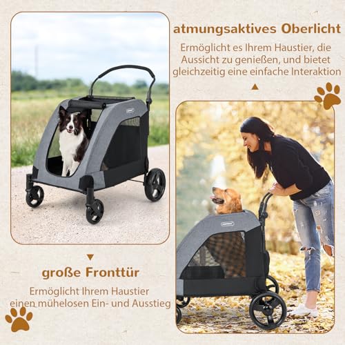 COSTWAY Hundewagen, Hundebuggy klappbar, bis 60 kg, Haustierwagen mit Vordertür & Netzfenstern & Griff, Haustiere Buggy Hundetrolley, für mittelgroße große Hunde Katzen, Grau, 67x98x121cm