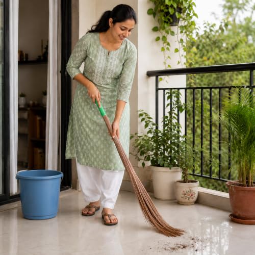 Image of Zureni Traditional Coconut Leaf Grass 40 inch Long Broomstick Washable Seekh Jhaadu with Firm & Comfortable Grip Ideal for Wet Surface Cleaning (Pack of 4, 400 Gm, Random Colors)