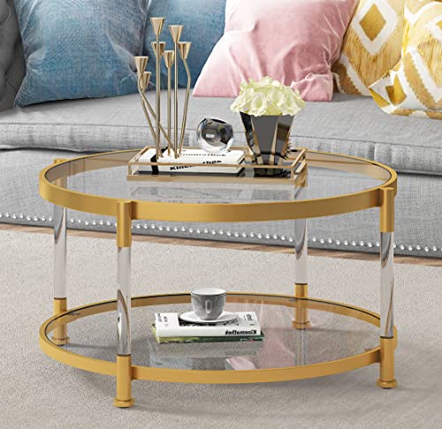 Oiog Round Coffee Table With Storage Shelf, 32.3”Coffee Table With Tempered Glass Surface, Center Table With Acrylic Leg For Living Room,Dining Room, 1Pc #TOP9