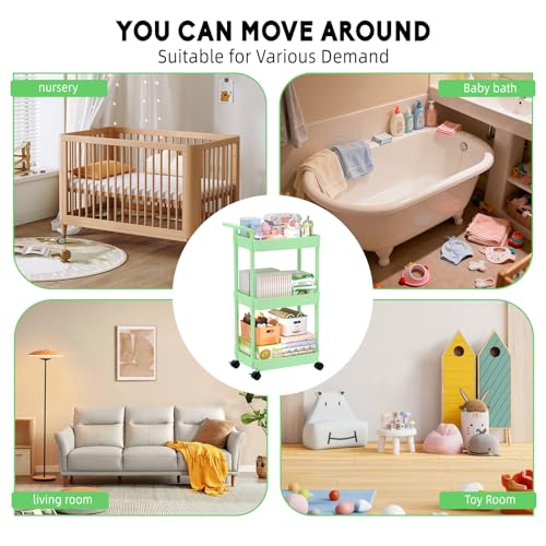 Image of Volnamal 3-Tier Diaper Caddy Organizer, Plastic Diaper Cart, Green | Diaper Organizer for Nursery Essentials, Baby Organizers and Storage, Movable Cart for Changing Table & Crib, Baby Registry