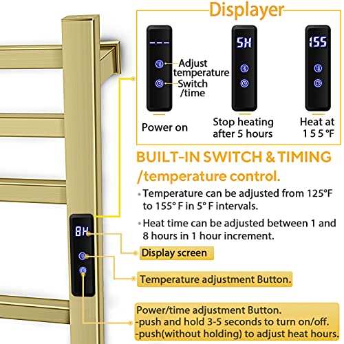 Twcc Towel Warmer Rack For Bathroom With Timer/Fahrenheit Temperature Control Wall Mounted Electric Heated 10 Bar Rail Plug-In Or Hardwired Keep Bath Shower Towel Warming (Brushed Gold) #TOP2