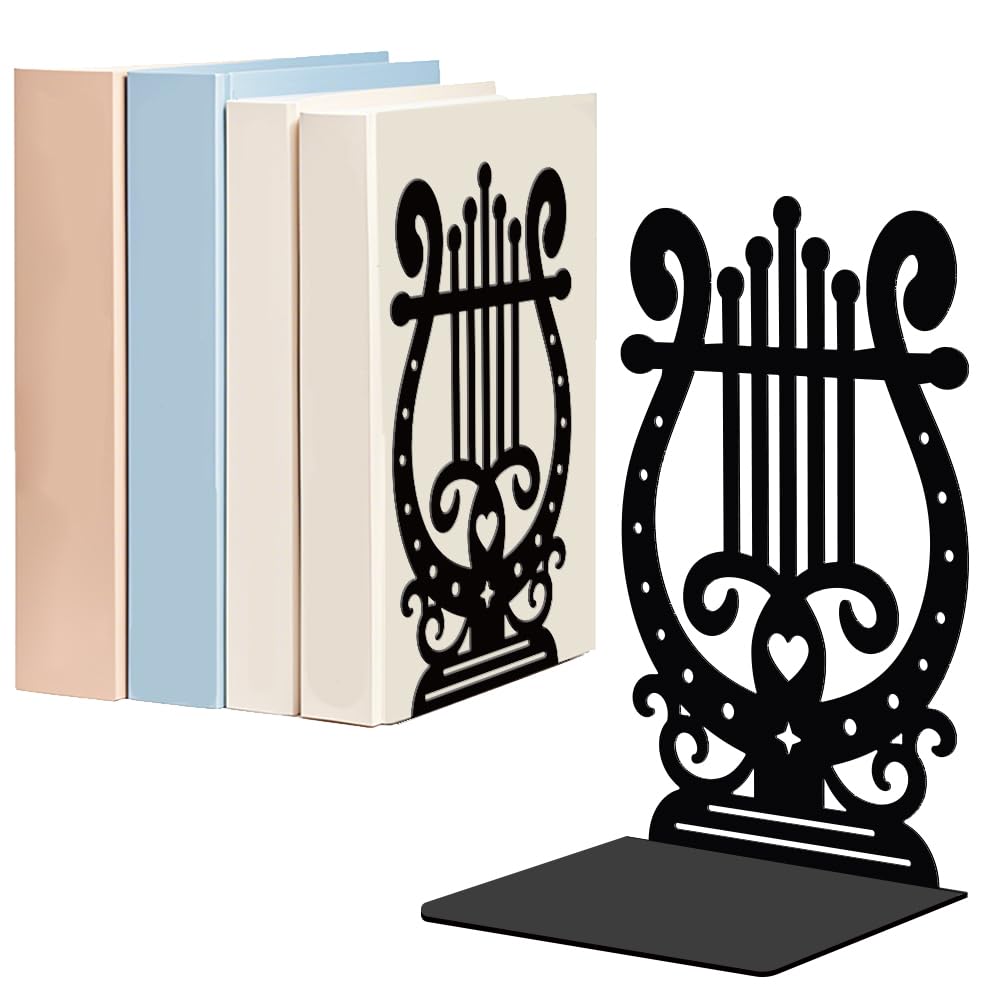 WADORN 1 Pair Harp Metal Bookends for Shelves Decorative, Harp Love Heavy Duty Metal Decorative Book Ends Non-Skid Black L-Shaped Book Stopper for Library Home Office Desk, 5.3x4.3x7.9 Inch