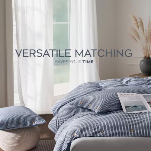 Image of JELLYMONI Cotton Duvet Cover Twin Size - Blue Vertical Pinstriped Comforter Cover with Button 100% Washed Cotton 2PCS Breathable Soft Solid Bedding Set Duvet Cover 68x90in & 1 Pillowcase (NO Insert)