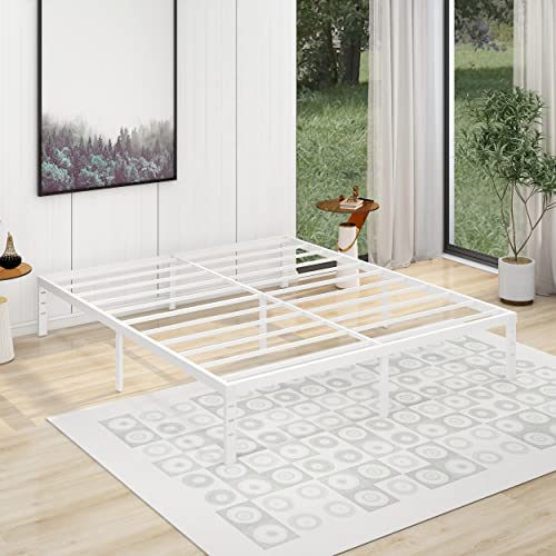 Alazyhome California King Size Bed Frame 14 Inch Metal Platform Bed Frame Heavy Duty Steel Slats Support No Box Spring Needed Noise-Free Easy Assembly White #TOP10