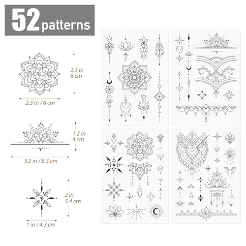 4 Blätter Temporäre Tattoos, Langanhaltend 2 Wochen Wasserfest Schwarz Tattoo Mandala Fake Klebetattoos zum Aufkleben Gesicht Hals Arm für Mädchen Frauen Mann