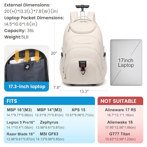 Boavan Rolling Backpack for Women, 17.3 Inch Wheeled Laptop Backpack,Large Travel Carry-On Bag for Teachers College Students, USB Charging Port Waterproof Business for Airplane Overnight Luggage,Beige - Image 3