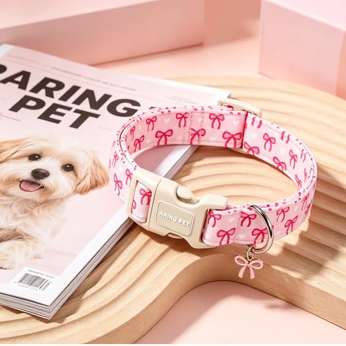 Image of ARING PET Girl Dog Collar, Cute Pink Bow Girly Doggy Collars for Puppy Small Medium Large Female Dogs Pet, for Daily Photos Outdoor Walking Hiking Picnic, L