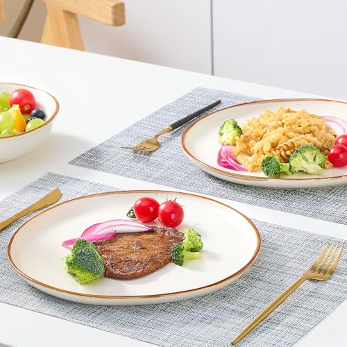Image of Bestone 12 Pieces Round Kitchen Dinnerware Sets,Plates and Bowls Sets,Dishes, Plates, Bowls, Dish Set, Chip Resistant Ceramic Dinnerware Set, Dishwasher /Microwave Safe,Service for 4,Pearl White