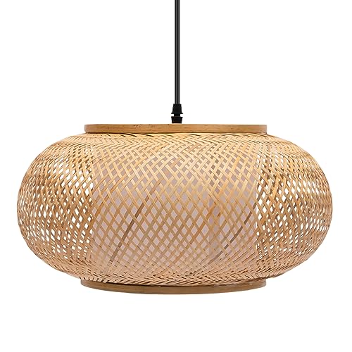 QWNBG Bamboo Pendant Light Ceiling Lamp Shade Hanging Light Fixture Boho Pendant Light for Kitchen Island Living Dining Room Farmhouse Home Decoration (40cm/16inch)