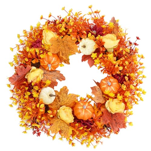 Cyiecw 40 cm Künstlicher Herbstkranz für Haustür und Innenbereich Herbstdeko Erntekranz mit Ahornblätter und Kürbis Wetterfester Kunststoff-Türkranz für Halloween Thanksgiving Weihnachten