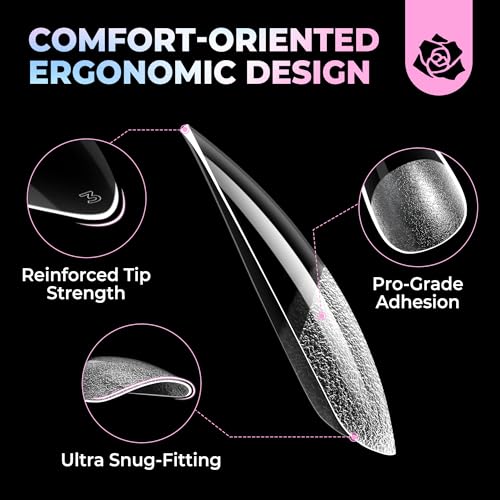 Image of UNA GELLA Stiletto Gel Nail Tips Medium 15 Sizes 300PCS Pre-Etched Clear Acrylic Nail Tips Easy DIY Salon Stiletto Almond Press On Nails Snug Fit Full False Fake Tips Extensions Long-Lasting Hold