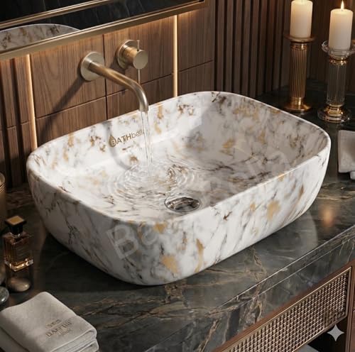Image of Designer Ceramic Wash Basin For Bathroom | Over Counter Bathroom Basin | Counter Top Bathroom Sink | Wash Basin For Restaurant, Hotel (18 x13 x 5 Inch) (White Gold Sport)