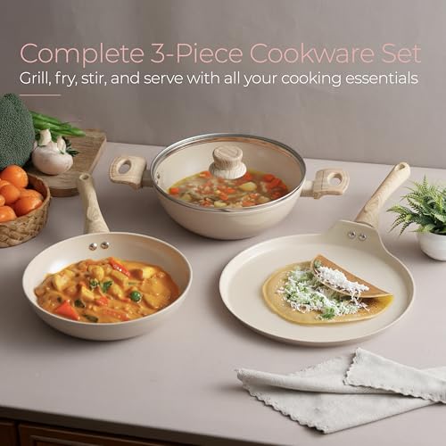 Image of Lifelong 3 Piece Forged Cookware Set With Common Lid |2.2L Kadhai with Lid 24cm |Ceramic Coated |1.4L Fry Pan 24cm | 1.2L Tawa 26cm |Induction & Gas Compatible | Non-Riveted Handle | Non-Stick Coating