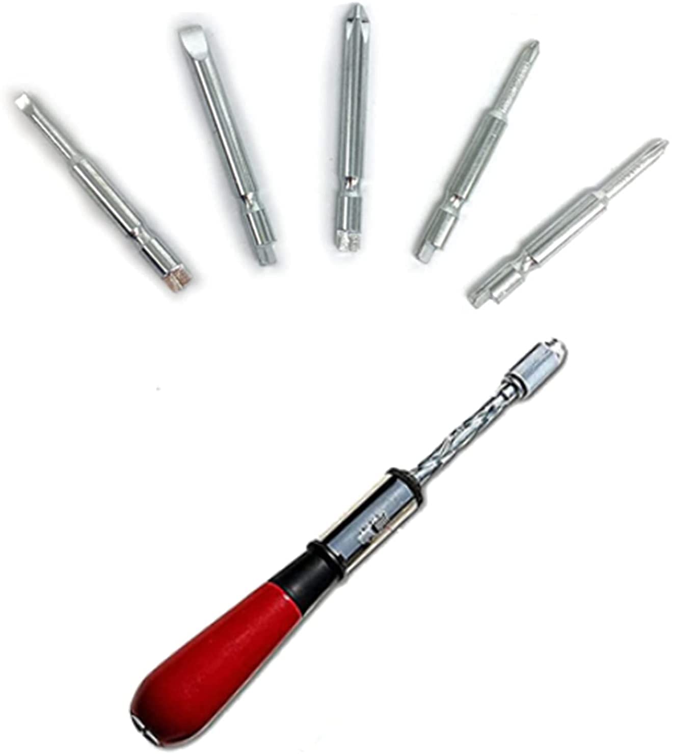 Semi-Auto Spiral Ratchet Screwdriver Set with 5 Heads - Push-Pull Design, Wooden Handle