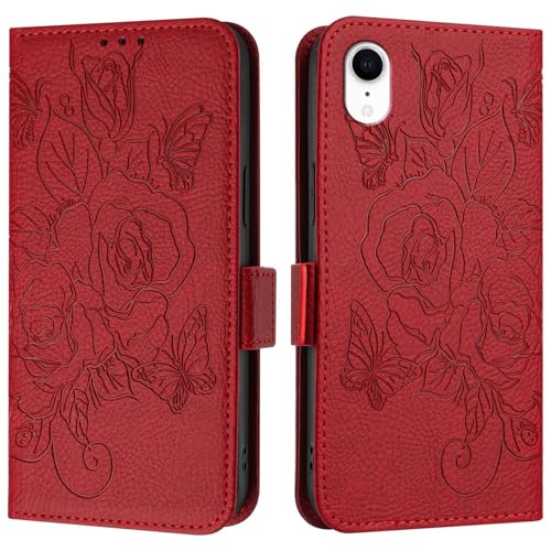 Étui portefeuille fin pour iPhone XR rouge - Housse protection antichoc et dragonne