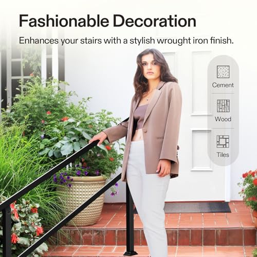 Image of VIVOSUN Outdoor Handrail, 4 Step Stair Handrail, 54 inch x 36 inch Fits 1 to 4 Steps, Wrought Mattle Iron Handrail for Concrete Steps, Porch Steps, One-Step Assembly, Black | Sturdy wrought iron handrail for elderly and family; rustproof black; full hardware included; for porch, deck, concrete steps