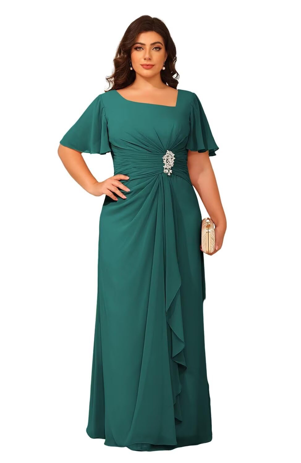 Womens Chiffon Mother of The Bride Dresses with Sleeves V Neck A Line Formal Evening Dress VS164N
