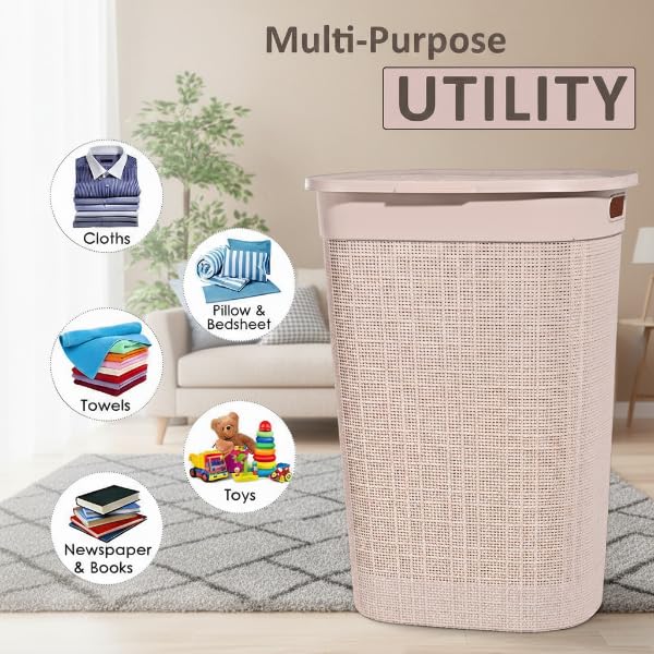 Image of KITCHIVO Plastic Large 55 Ltr Laundry Basket with Lid & Handle | Multipurpose Hamper Bins Storing Washable Clothes, Blankets | Household Ideal for Home & Bathroom (Woods Light Pink Laundry Basket)