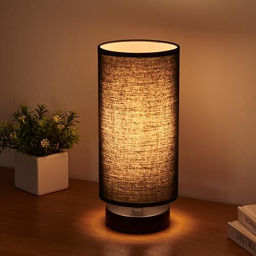 lifeholder Table Lamp, Bedside Nightstand Lamp, Simple Desk Lamp, Cylinder Table Lamp for Bedroom Living Room Office Study, Black Shade and Silver Base