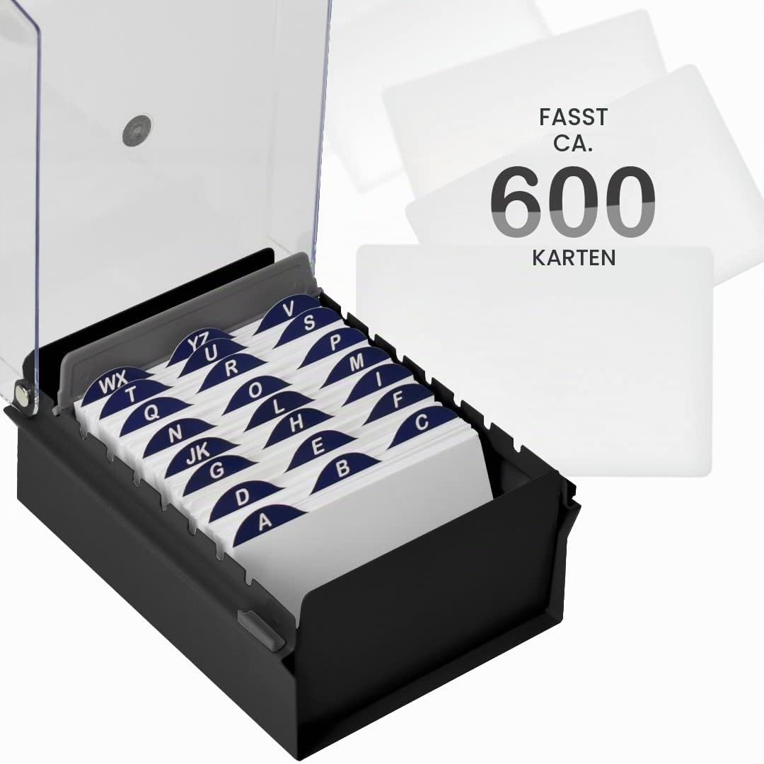 Acrimet 3" x 5" Karteikartenhalter Organizer mit Metallbasis, Robust (Inklusive AZ-Indexkarten und einem Kunststoff-Trenner) (Schwarze mit klarer Kunststoffdeckelabdeckung)
