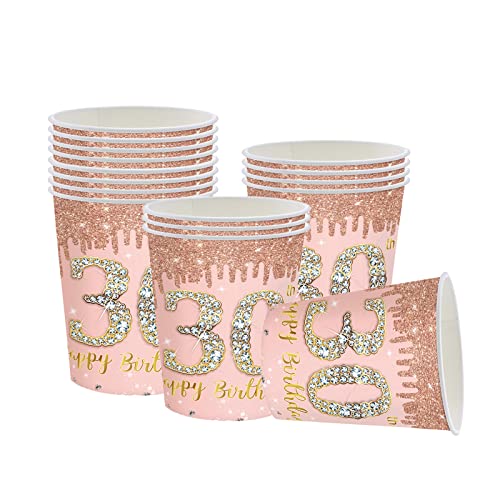 YAAVAAW Vasos de papel de feliz cumpleaños 30, oro rosa, 16 tazas desechables para fiesta de cumpleaños para mujer, damas, suministros de fiesta de 30 cumpleaños para decoración de mesa