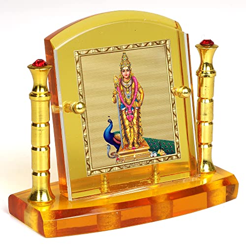Image of Eknoor 24 Carat Gold Plated Foil on Solid 5MM Thick Acrylic Base Murugan Ji Kartikeya Ji with Peacock God Idol with Golden Frame with for Car Dashboard, Puja Ghar and Offices (GFWP), Idol