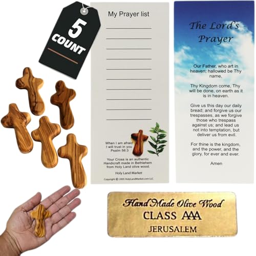 Holy Land Market Olive Wood Pocket Cross 2.5 - Handmade Jerusalem Palm Crosses | Small Wooden Crucifix Christian Gifts with Certificate & Prayer Card | Meditation & Prayer Crosses 5 Count