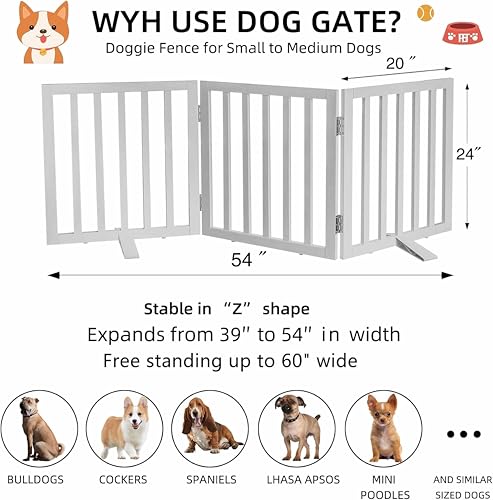 Image of Belief Foldable Wooden Pet Gate for Dogs & Cats - Indoor Safety Barrier for Doorways, Hallways & Stairs | Free-Standing, Portable White Dog Fence - 3 Panel, 60 cm Height (【3 Panels 】 59''W x 24''H)