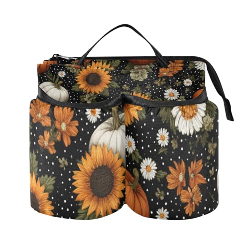 Image of Luggage Cup Holder for Suitcases Free Hands Suitcase Cup Holder Travel Luggage Drink Holder Portable Luggage Cup Caddy Bag Carrier with Handle Black Dotty Pumpkins Sunflowers Daisy