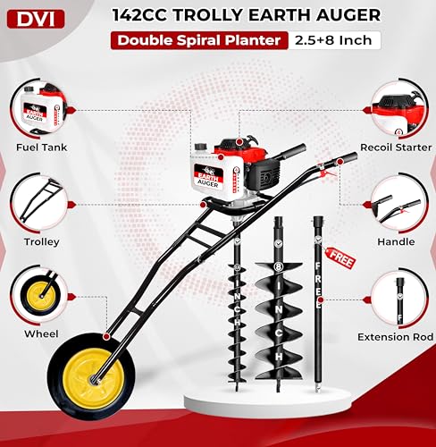 Image of DVI 142CC Trolley Earth Auger Machine, 4-Stroke Petrol Engine - with 2.5 Inch + 8 Inch Double Spiral Planter Bits & Free Extension Rod | for Plantation, Fencing & Post Hole Digging in All Soil Types.