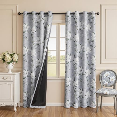 Image of MYSKY HOME Floral 95% Blackout Curtains 90 Inches Long 2 Panels Set - Thermal Insulated Black Out Flower Pattern Printed Drapes Grommet Top for Living Room Bedroom, 52 inch W Each Panel, Light Grey