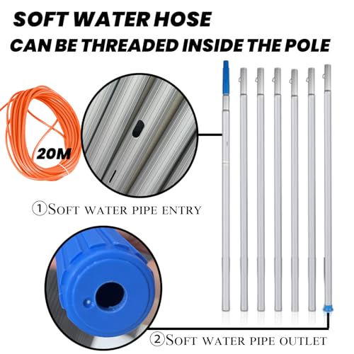 Image of 40 FT Adjustable Window Cleaning Pole Kit with 20M Hose & 180 Rotating BrushHead, White & Black Nylon Bristles, Aluminum Handle, Caravan, Solar Panel, Deck Cleaner
