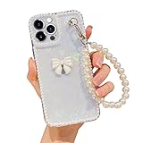 Omio Compatible with iPhone 13 Pro Case with Hand Strap 3D Handmade Bow Pearl Bracelet Clear Laser Holographic Heart Phone Glitter Case for Women Girls Slim Case for iPhone 13 Pro, Small Pearl