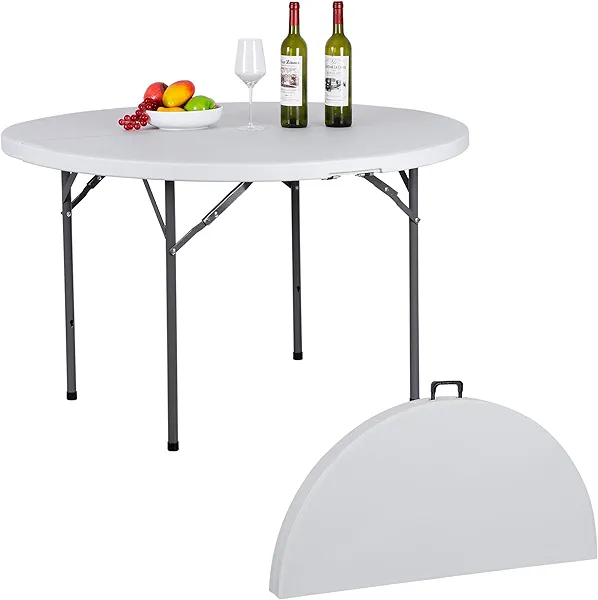 JupiterForce 4 FT Round Folding Table, 48" Indoor Outdoor Portable Plastic Dining Card Table for Kitchen, Commercial, Camping Picnic Party Wedding Event, White