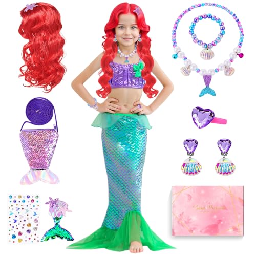TOSZOLY Meerjungfrau Kostüm Mädchen, Meerjungfrauen Kosplay Kinder mit Perücke, Kostüm Meerjungfrau Kind Geschenke für Mädchen, Meerjungfrauen Kleid für Cosplay Karneval Party (120)