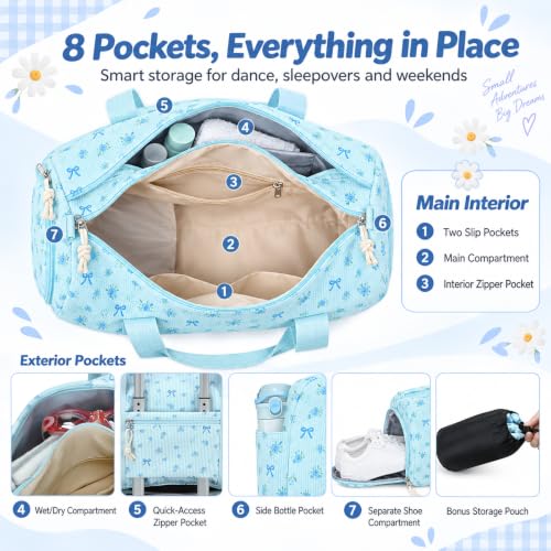 BTOOP Duffle Bag for Gym Sports Women Girls Workout Travel Bag Weekender with Shoe Compartment and Wet Pocket (Blue Bow-Floral) by BTOOP - Used condition - Image 3