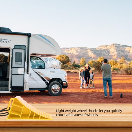 Image of Homeon Wheels RV Camper Large Wheel Chocks Extra Wide with Handle and Rope for Travel Trailers, Cars, Tire Chocks Blocks 2 Packs Hard Plastic Heavy Duty(Yellow)