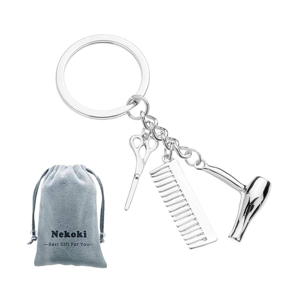 Nekoki Hairdresser Hair Dryer,Scissor,Comb Charm Pendant Keychain Keyring,Perfect for Salon Owner,or Hair Stylist Gift Jewelry Graduation Gift, Silver, Small