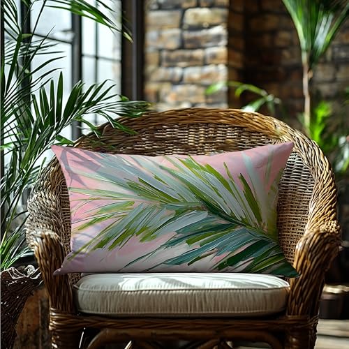 Image of Summer Pink and Green Tropical Palm Leaf Decorative Throw Pillow Cover Decor 12x20,Palm Leaf Botanical Decorative Lumber Beach Plant Throw Pillow Cover for Cabin Couch Double-Sided