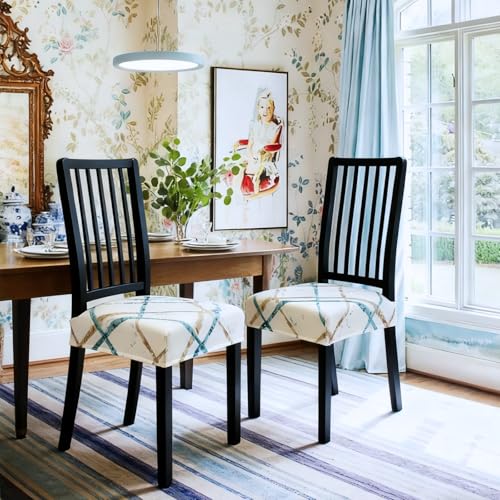 Image of SearchI Dining Chair Seat Covers Set of 4, Stretch Removable Chair Covers for Dining Chairs, Kitchen Chair Covers Protector(Geometric Stripe)
