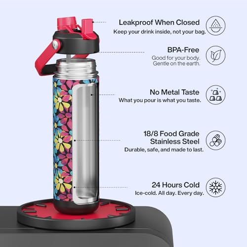 Image of ENCOOL Insulated Water Bottle with Straw Stainless Steel Water Bottle, Leak-Proof, BPA-Free, Double Wall Vacuum Keeps Cold for 24 Hours for Sports, Travel, School (26 oz, Vivid Flora)