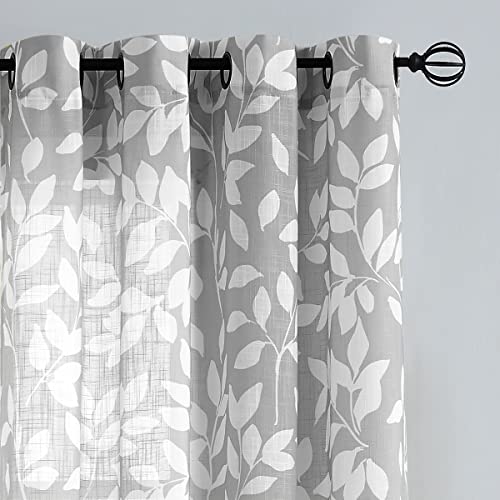 Image of Grey White Sliding Door Curtain 84 inch Length Semi Sheer Leaf Print Curtains for Living Room Bedroom Linen Textured Look Light Filtering Window Curtain Panels Botanical Window Drapes 100 inch w 1pcs