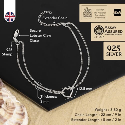 Image of Amberta Italian Sterling Silver Anklet for Women 925 | Adjustable Ankle Bracelets for Women Beaded Heart Summer Jewellery