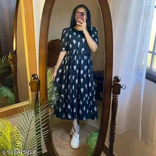 Image of Women's Rayon A-Line Midi Dress, Floral Print, Short Sleeves, Round Neck, Tiered Design