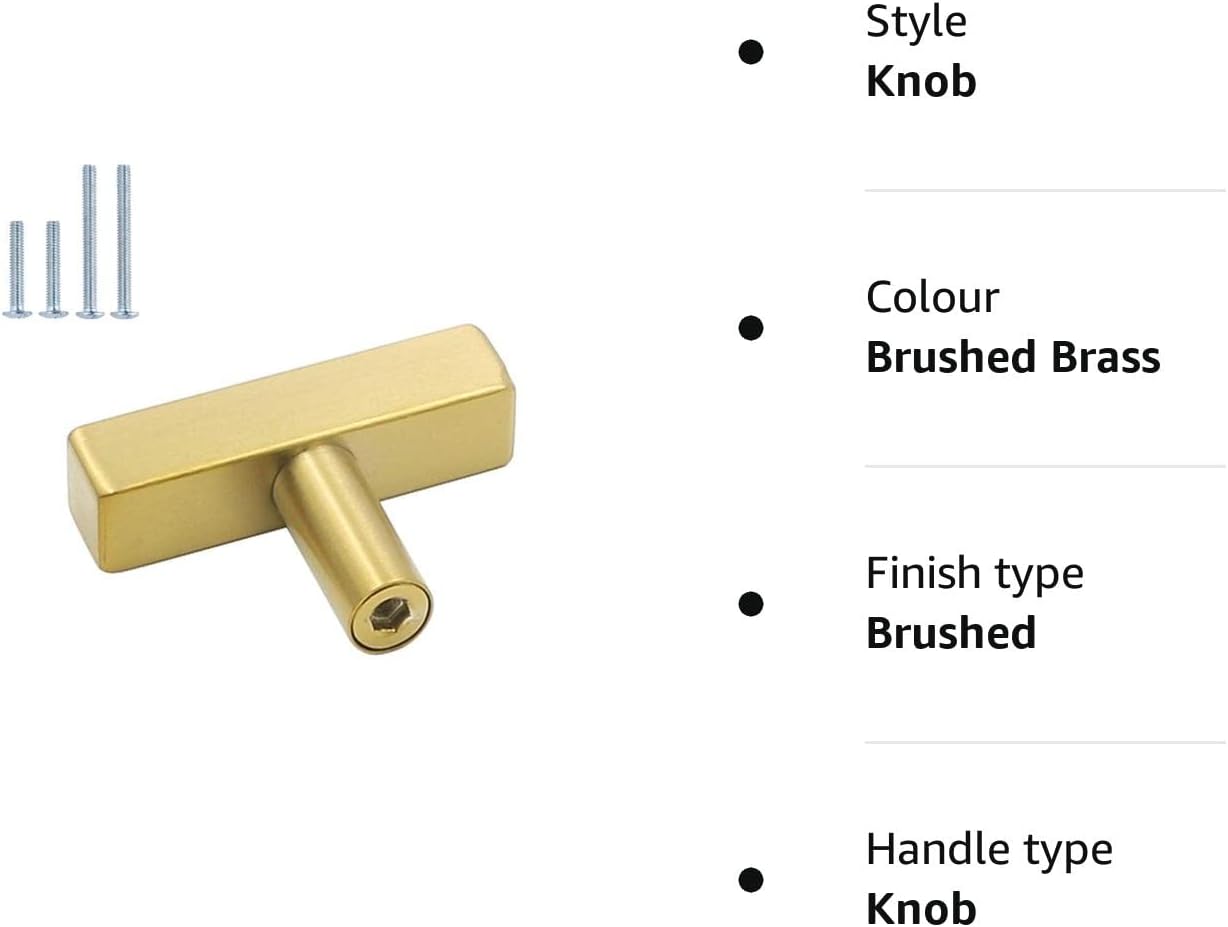 goldenwarm 20Pack Brushed Brass Cabinet Knobs Furniture Hardware Drawer Pulls Gold Kitchen and Bathroom Knobs T Bar Square Cupboard Door Handles 2 Inch Overall Length