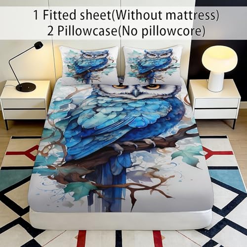Drap housse hibou 200x200x25cm en microfibre bleue