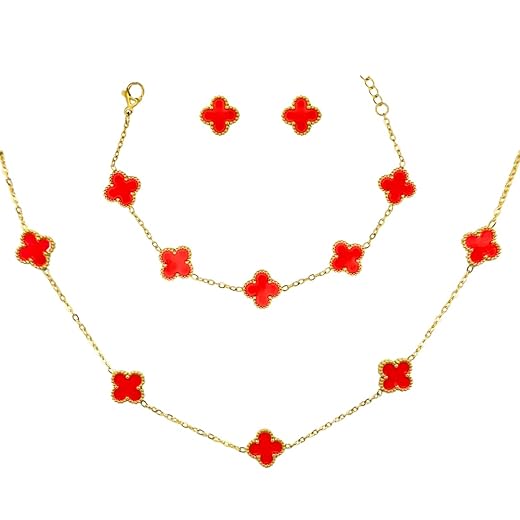 Kit Colar Choker Pulseira E Brinco Trevo Vermelho Gargantilha Sorte Luxo Elegante Virginia Aço Inox Dourado Cor Ouro Inspire by Adriana
